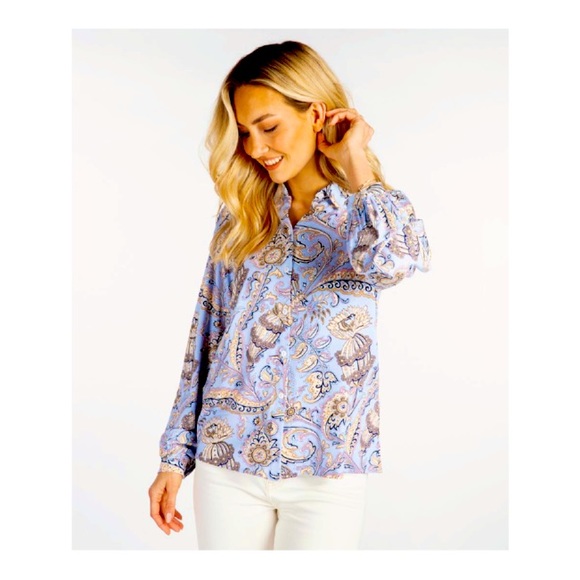 ESQUALO Vintage Print Button Up Blouse Long Sleeve Collared Silky Satiny Chic - Picture 6 of 7